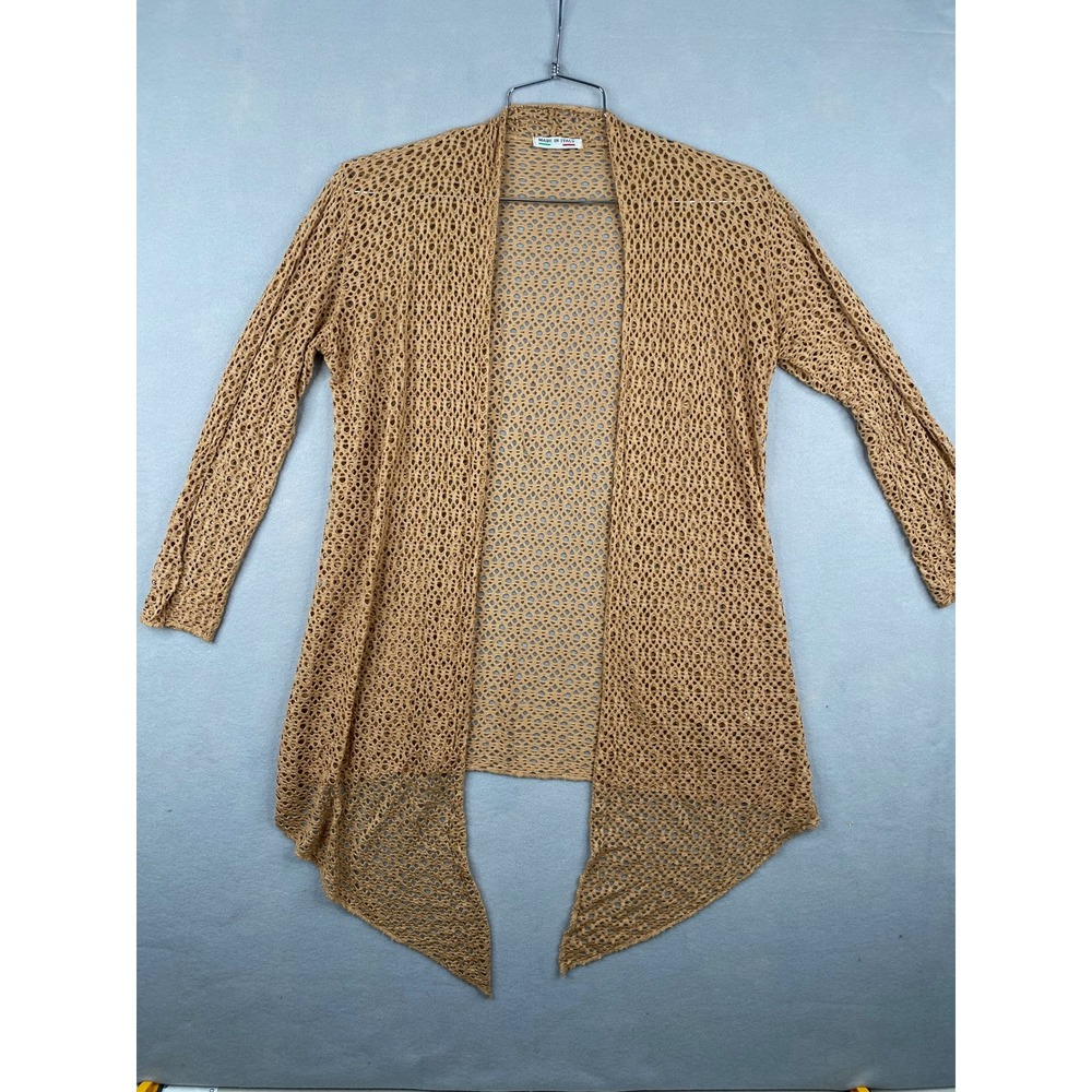 Made in Italy Tan Open Front Mesh Knit Cardigan Asymmetrical Sharkbite Hem L/XL